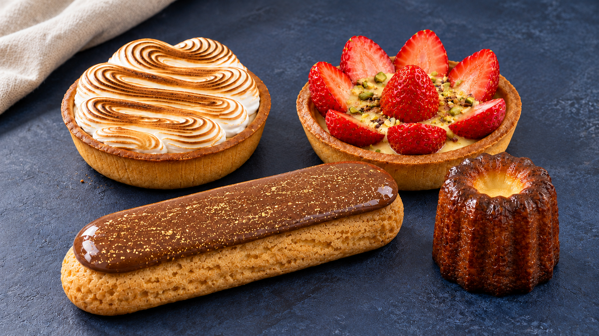 Individual French pâtisserie: lemon meringue tart, strawberry tart, chocolate éclair and canelé.